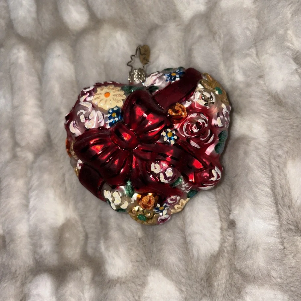 Christopher Radko Say it With Flowers Heart Ornament Intricate Floral Red Bow